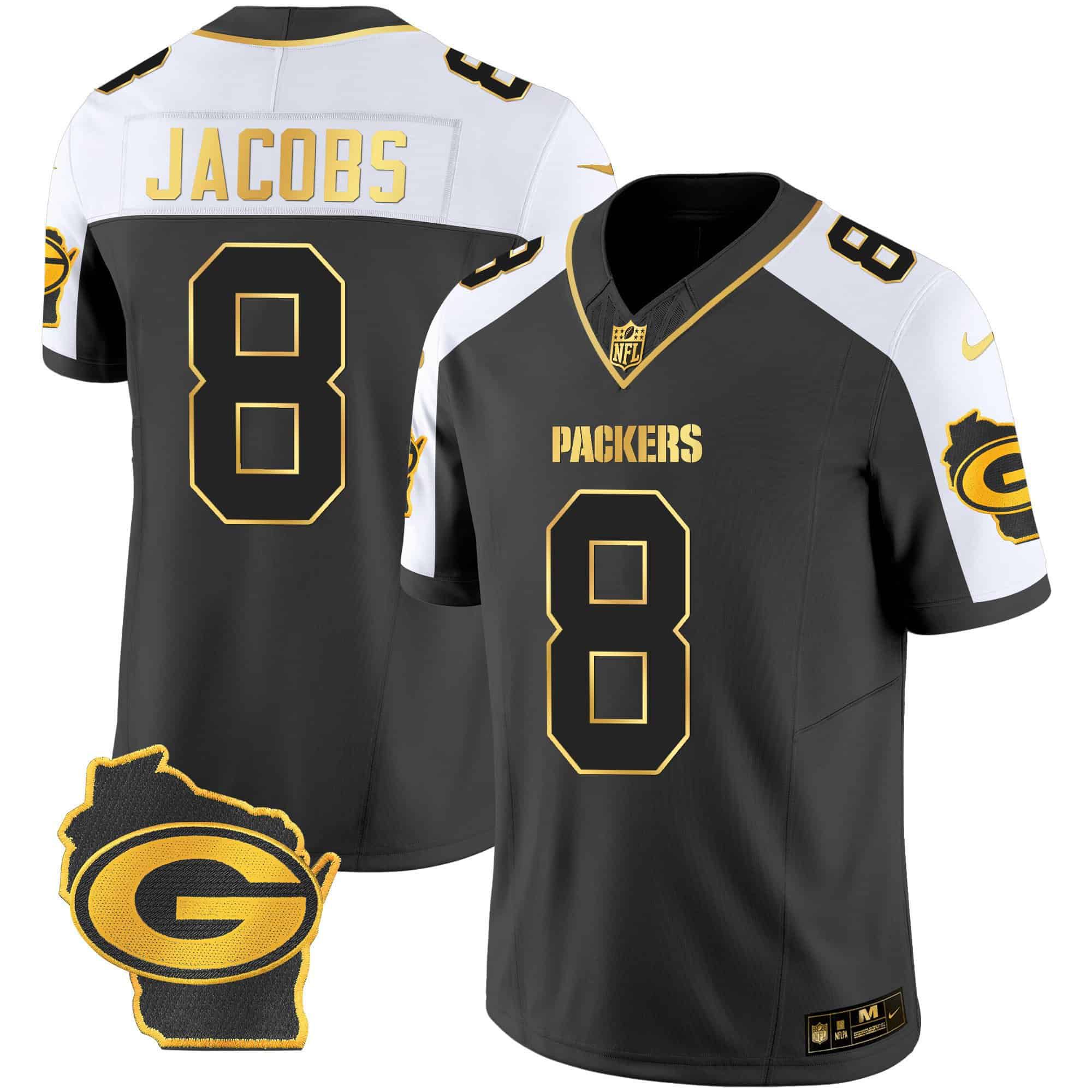 Men Green Bay Packers 8 Jacobs Black Gold 2024 Nike Home Patch Vapor NFL Jersey